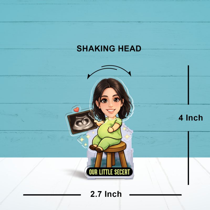 Personalized Bobblehead Caricature Our Little Secret Quote Pregnancy Gift Baby Shower Gift Gift for Pregnant Woman | Battery Powered Moving Head for Bedroom Tabletop Decor